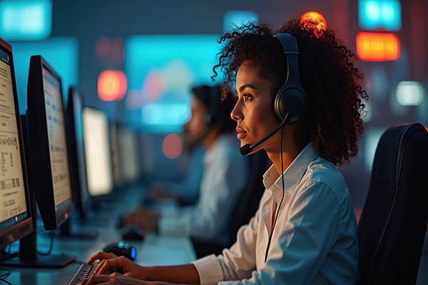 Dispatcher sitting at desk in front of a computer monitor.